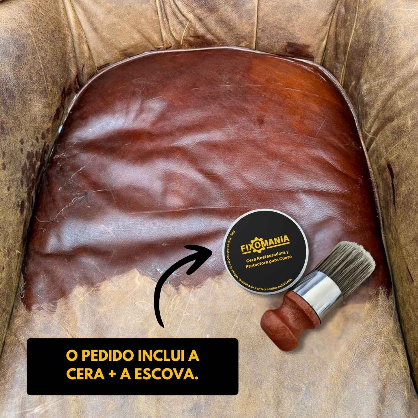 <tc>RenovaCouro™ - Cera restaurativa para couro com cera de beijo, manteiga de Karité e óleos nutritivos.</tc>
